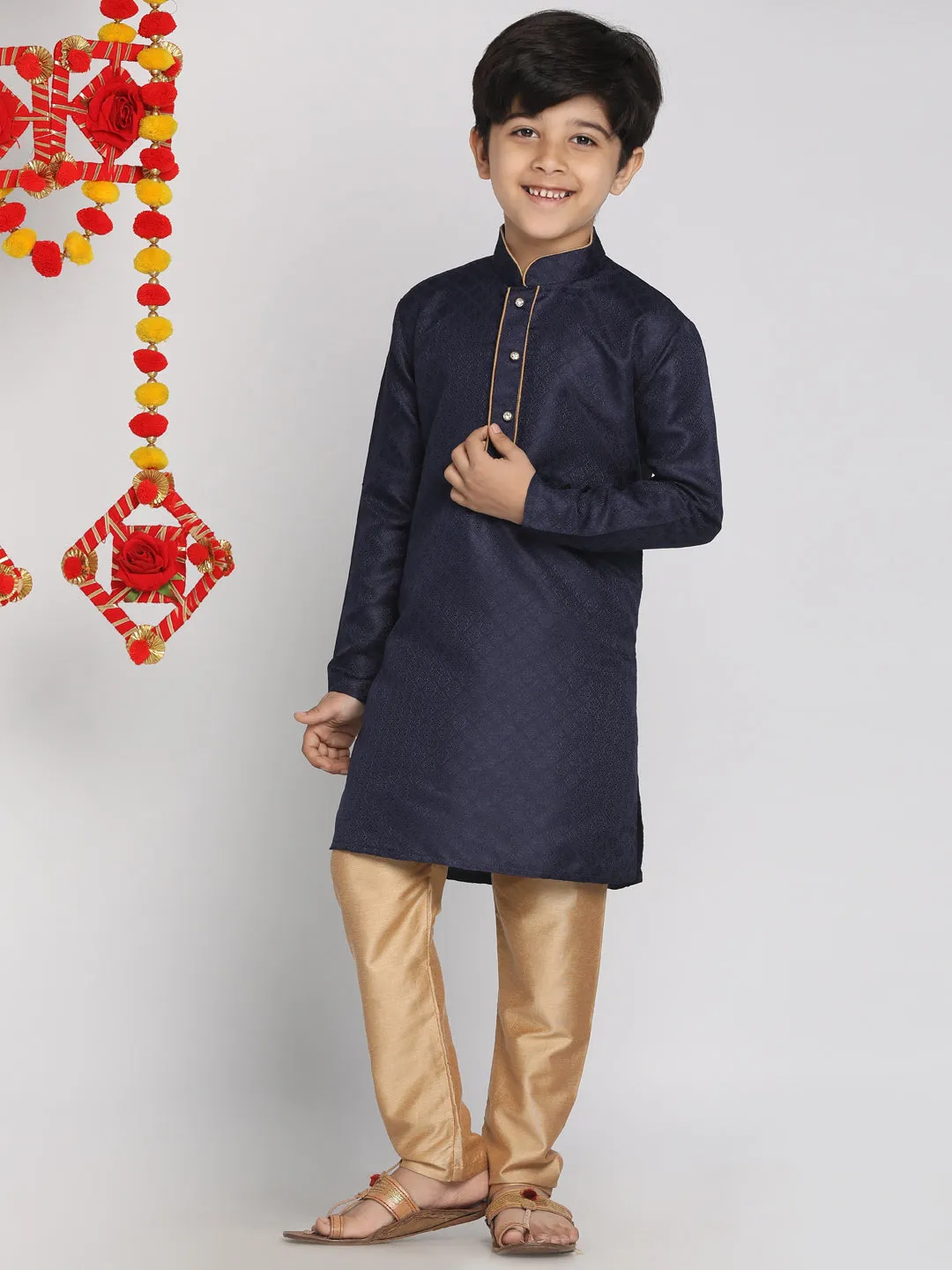 Jashvi Blue and Rose Gold Jacquard Kurta Pyjama Set