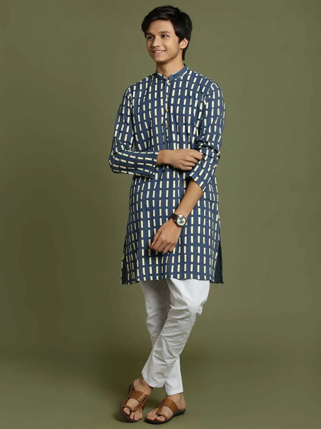 Jashvi Boys Indigo Rubber Print Kurta