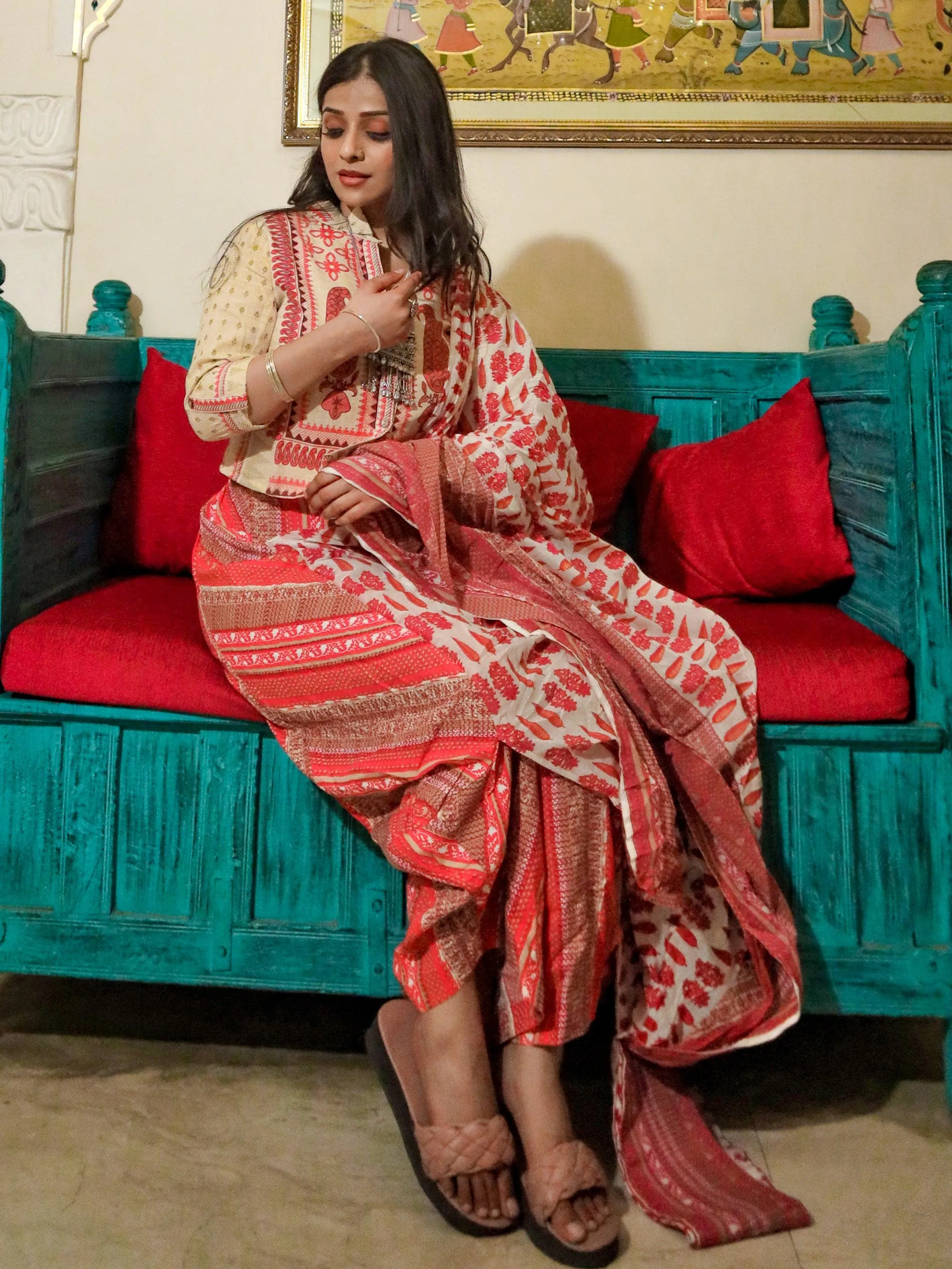 Jashvi Drape Style Kurti Plazzo Set With Attached Dupatta