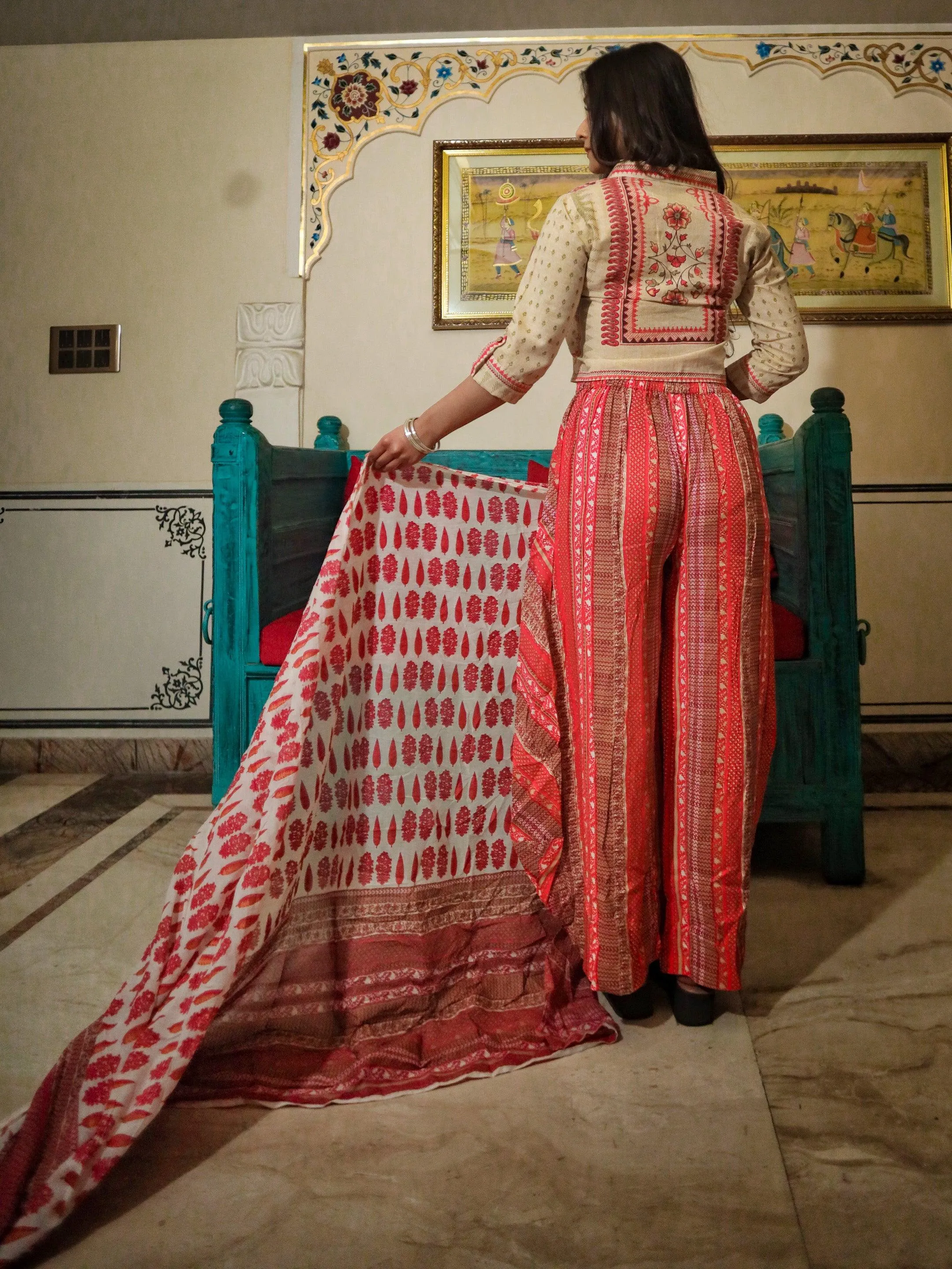 Jashvi Drape Style Kurti Plazzo Set With Attached Dupatta