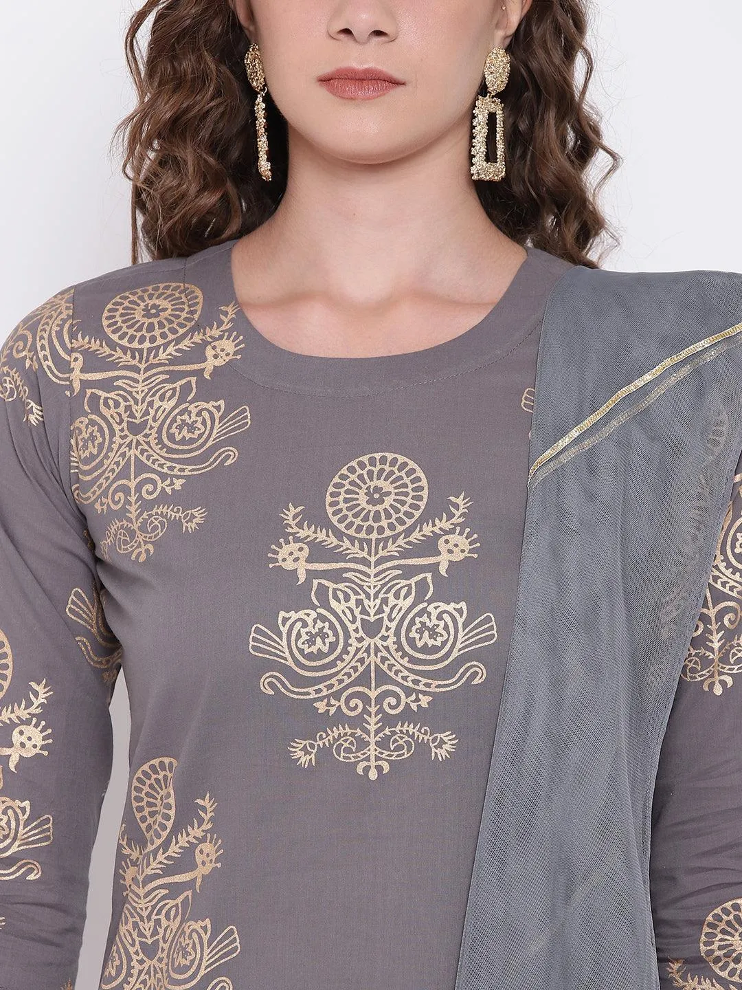 Jashvi Grey Foil Print Cotton Sharara Set with Net Dupatta