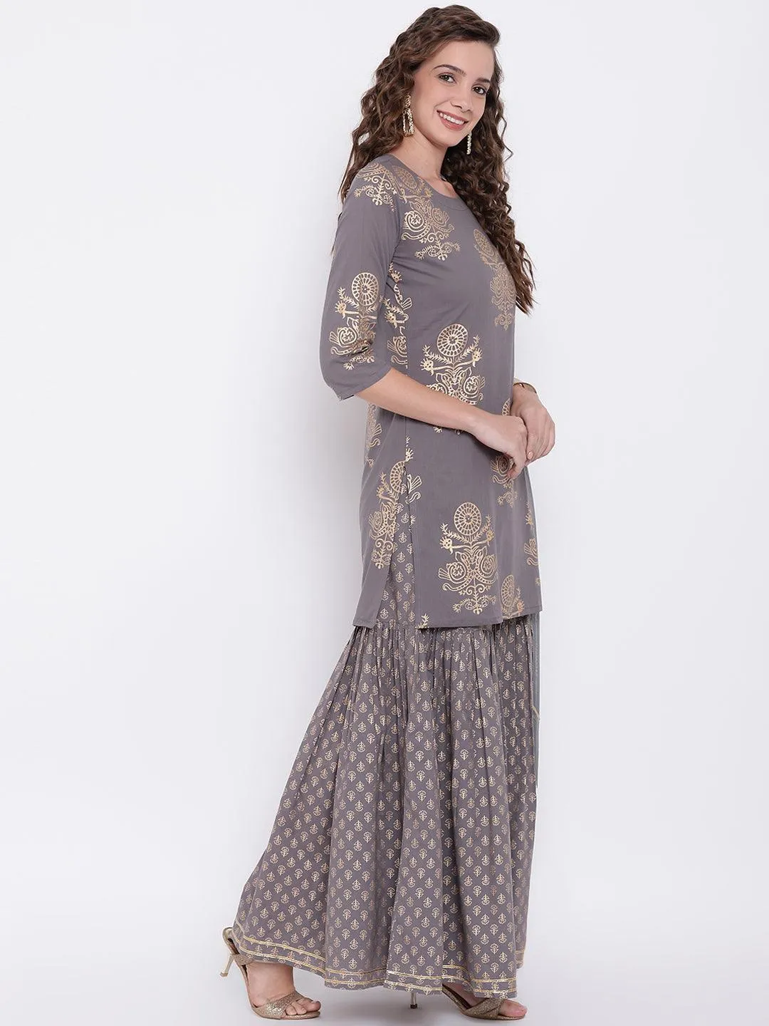 Jashvi Grey Foil Print Cotton Sharara Set with Net Dupatta