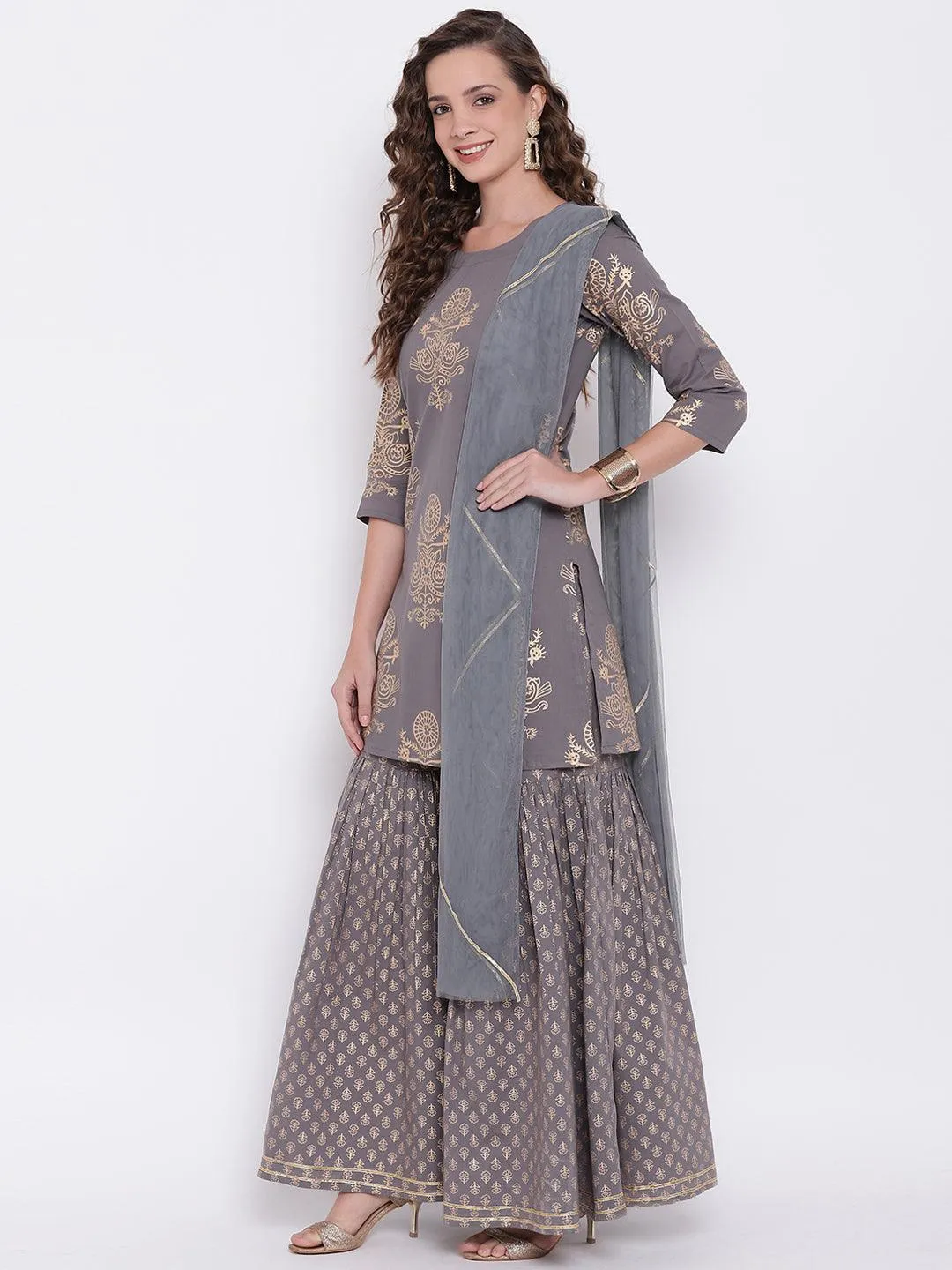 Jashvi Grey Foil Print Cotton Sharara Set with Net Dupatta