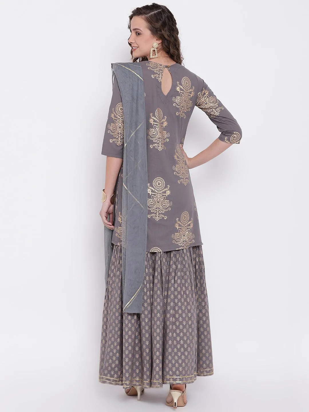 Jashvi Grey Foil Print Cotton Sharara Set with Net Dupatta