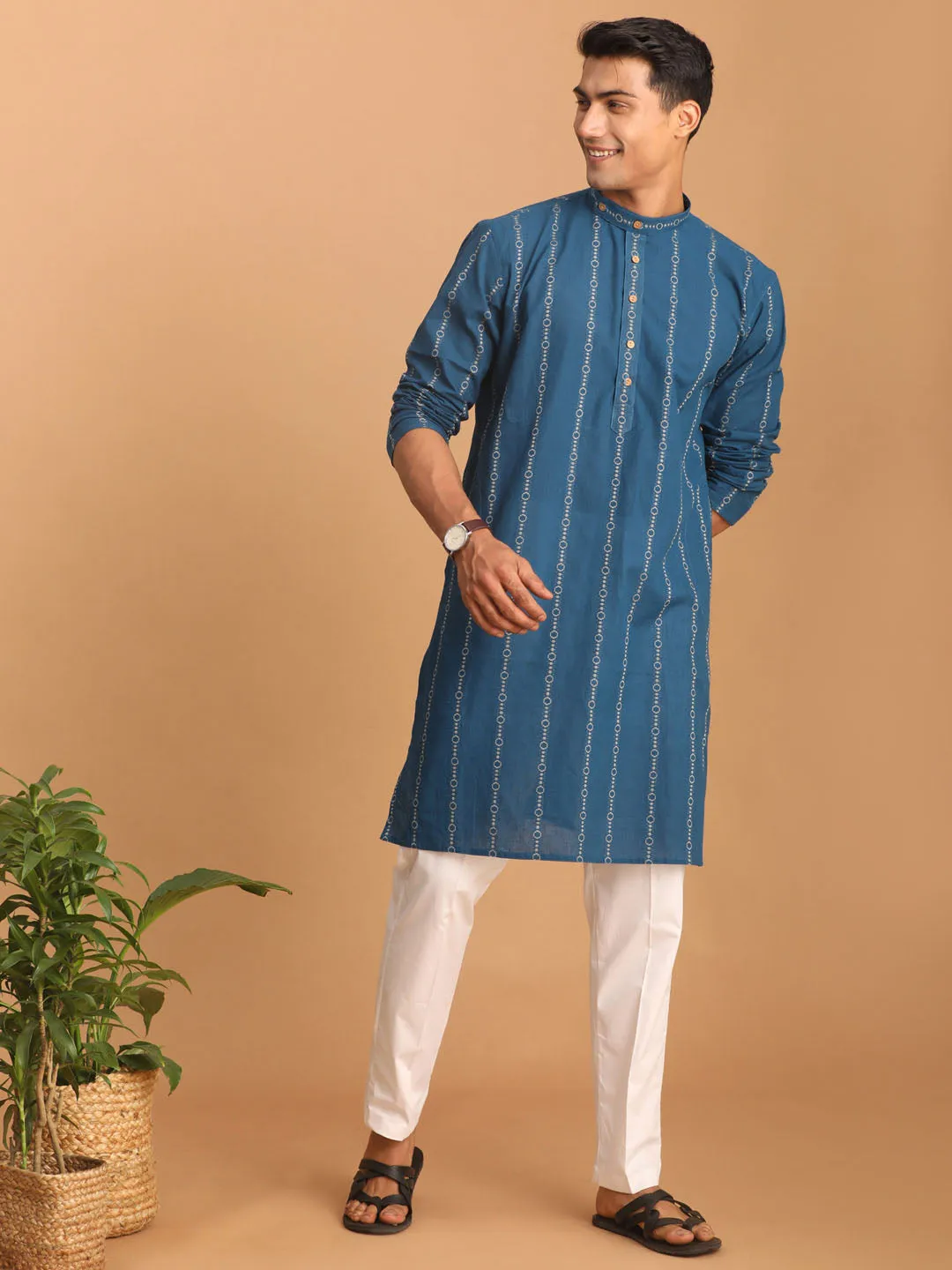 Jashvi Men's Blue denim Jacquard Kurta With White Pant Set