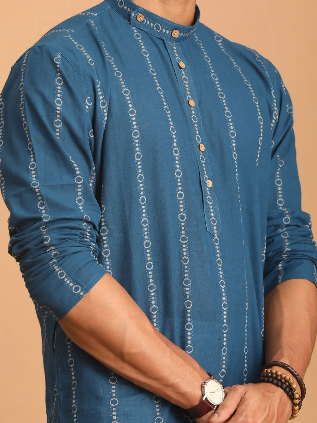 Jashvi Men's Blue denim Jacquard Kurta With White Pant Set