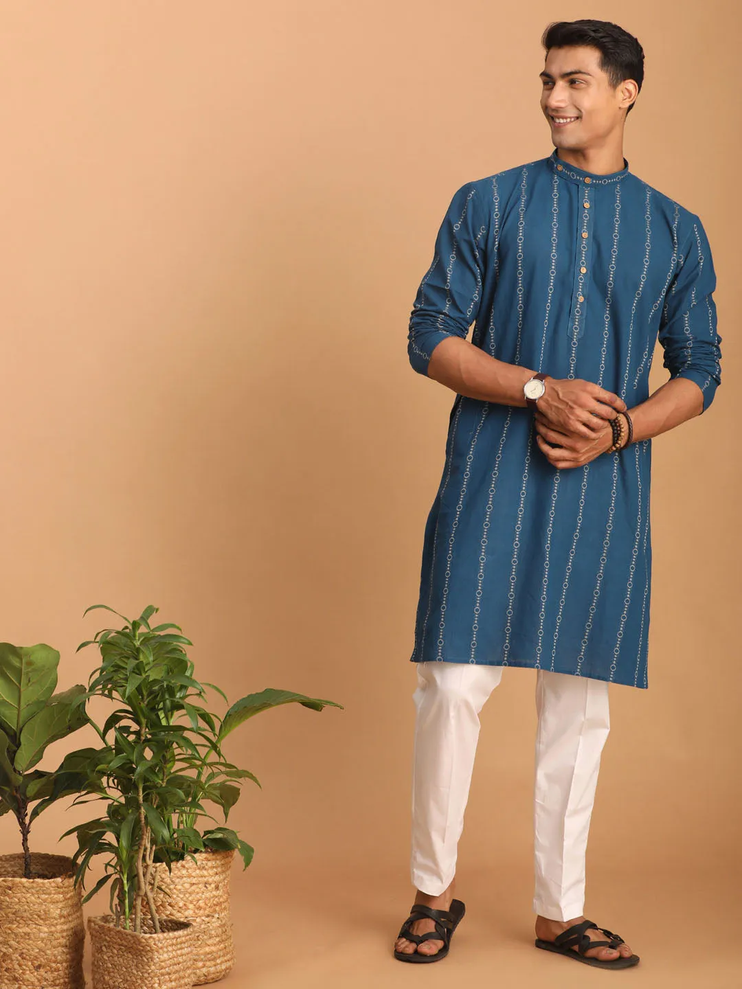 Jashvi Men's Blue denim Jacquard Kurta With White Pant Set