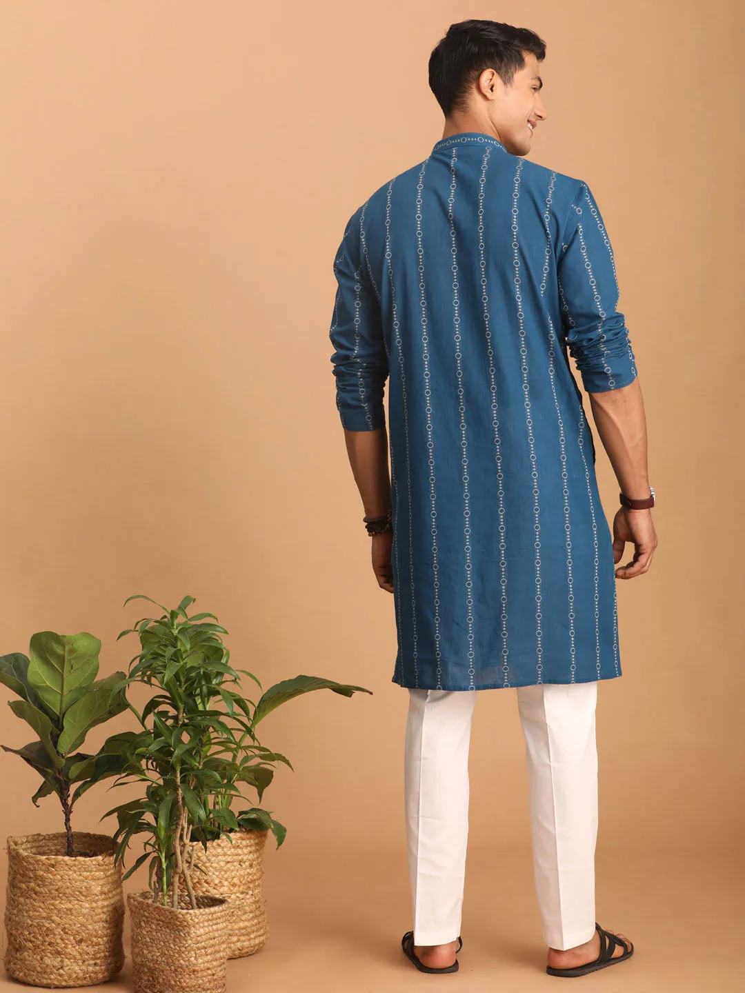 Jashvi Men's Blue denim Jacquard Kurta With White Pant Set