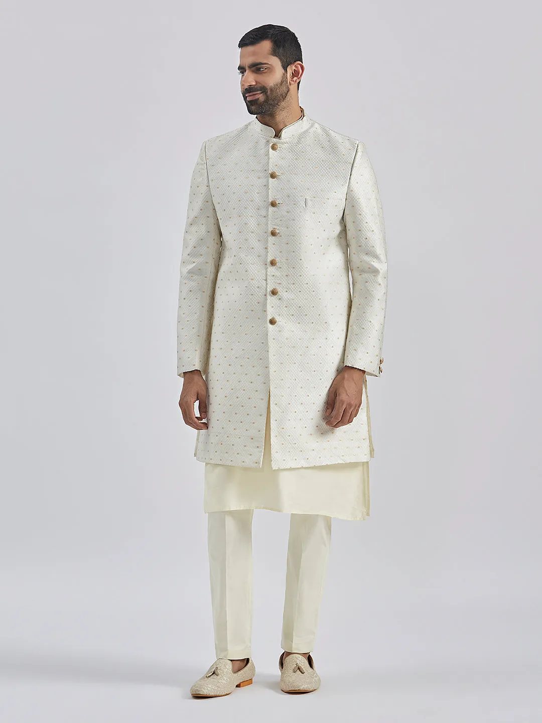Jashvi Men's Cream Viscose Sherwani Set