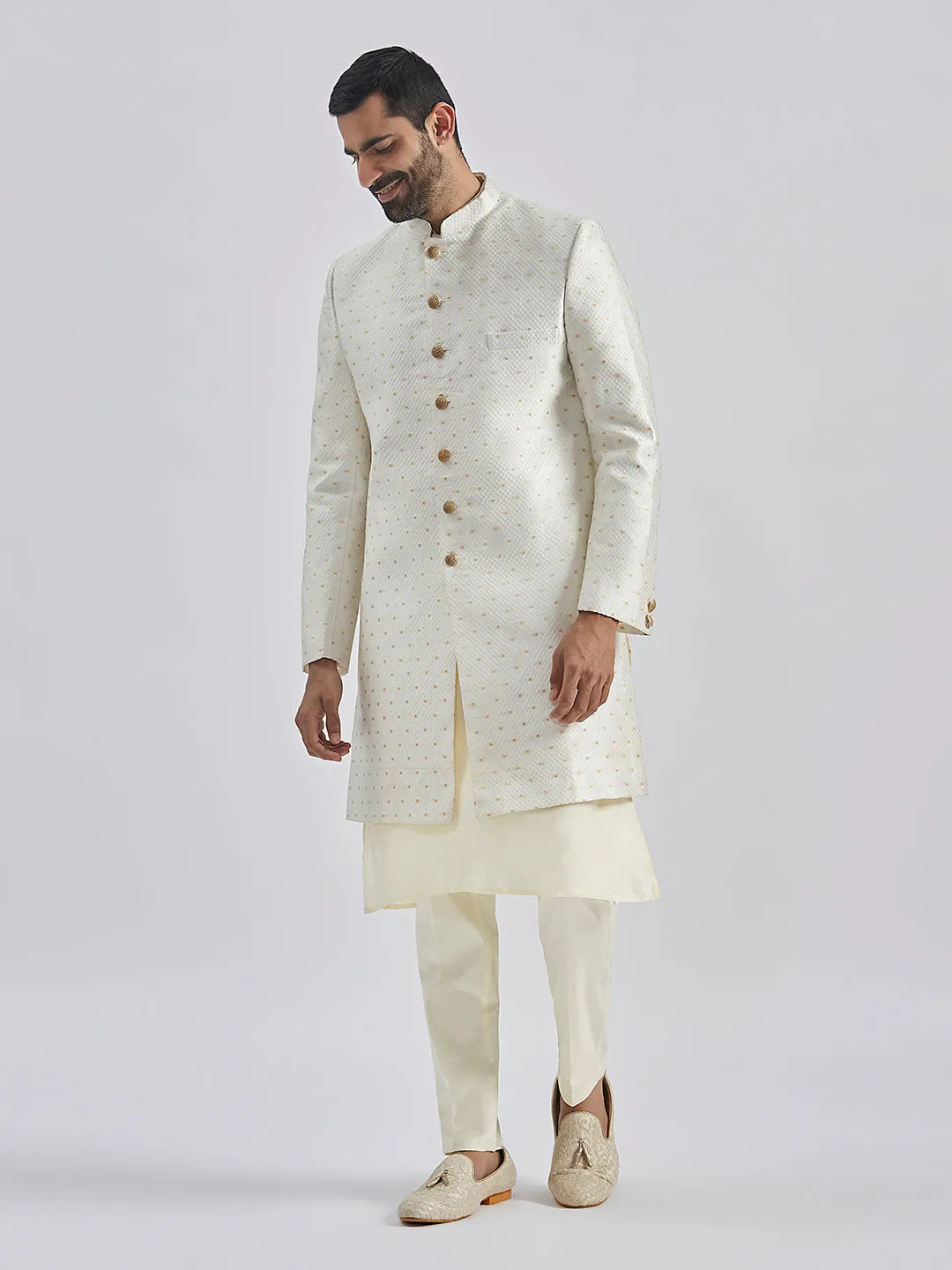 Jashvi Men's Cream Viscose Sherwani Set