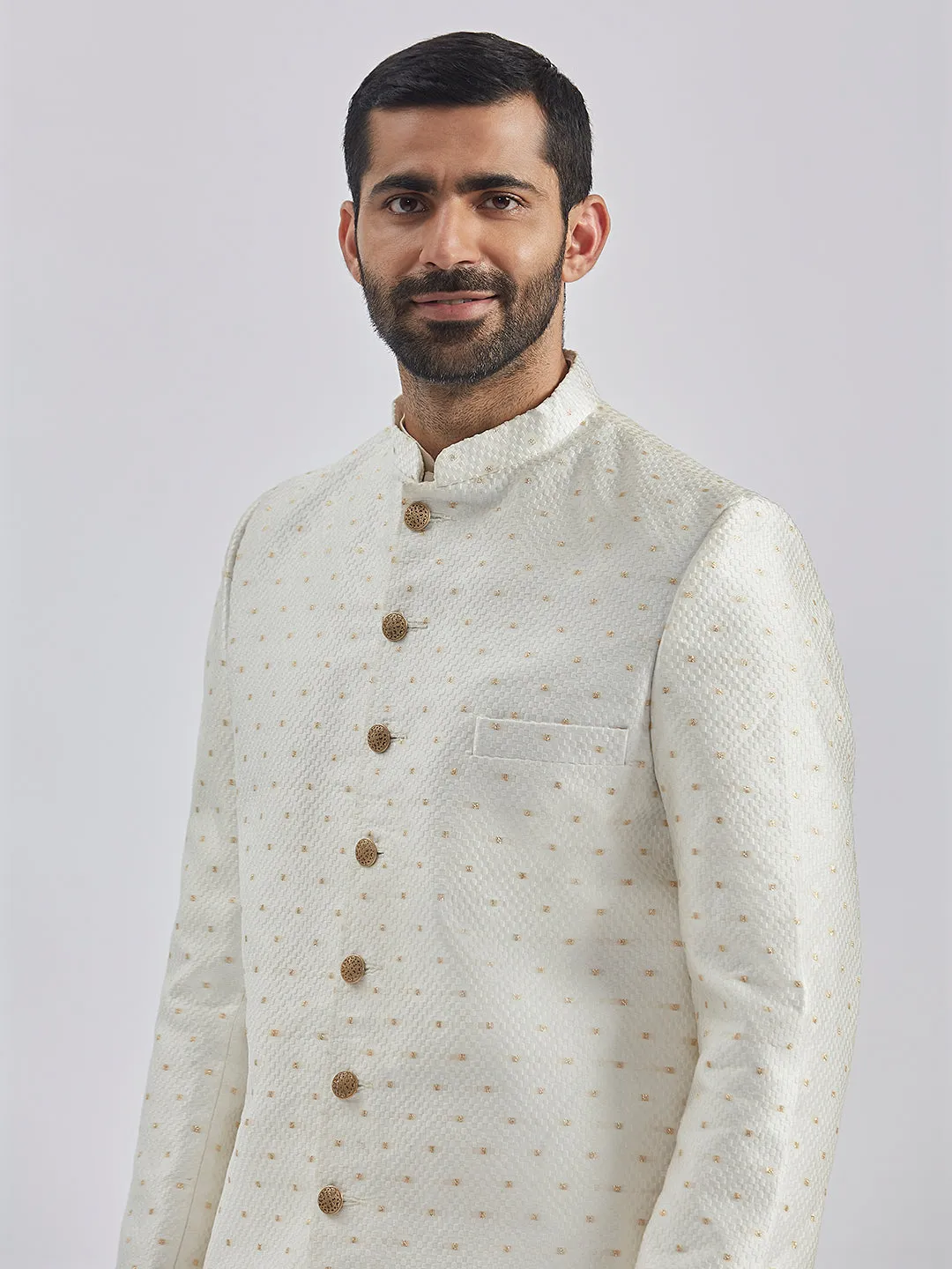 Jashvi Men's Cream Viscose Sherwani Set