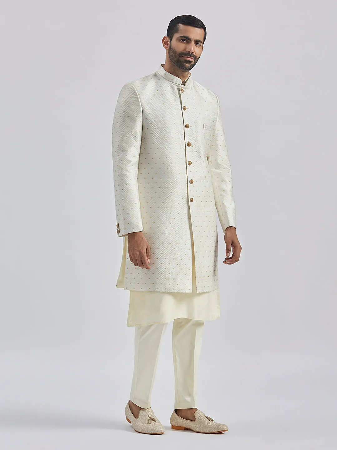 Jashvi Men's Cream Viscose Sherwani Set