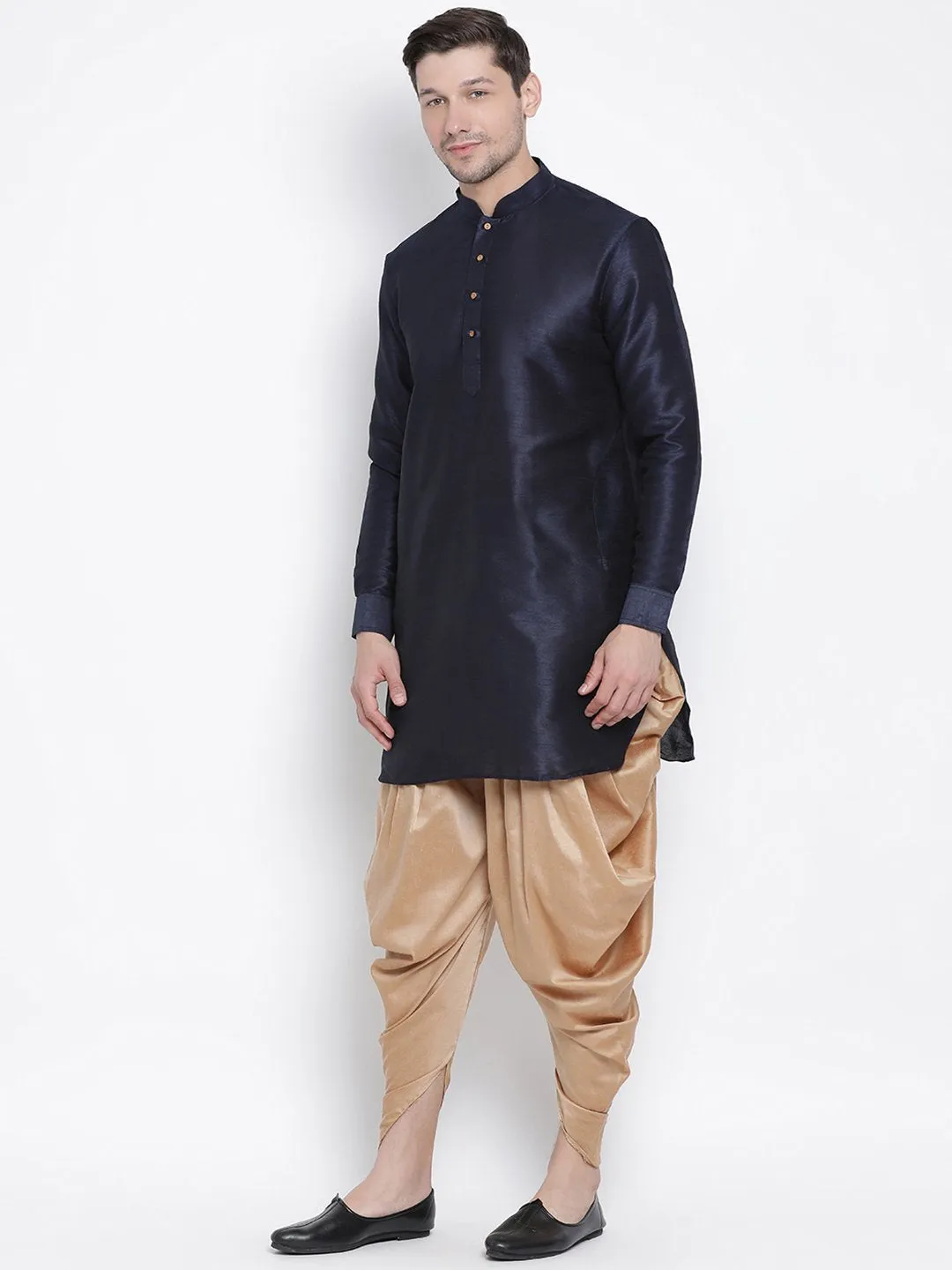 Jashvi Men's Navy Blue Silk Curved Kurta Dhoti Set