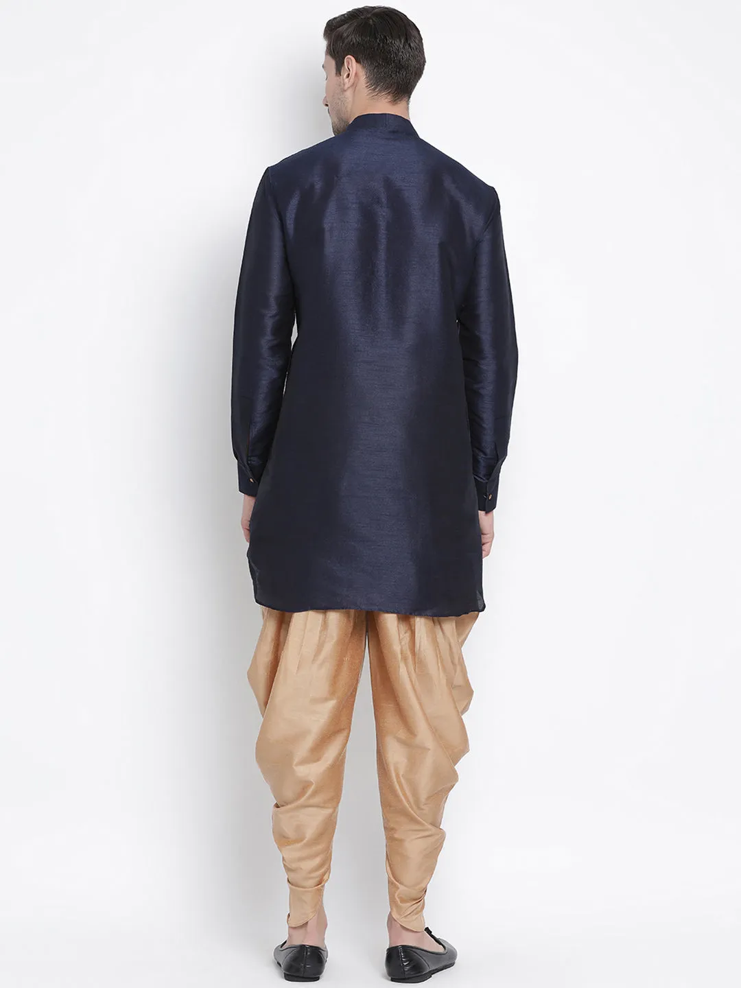 Jashvi Men's Navy Blue Silk Curved Kurta Dhoti Set