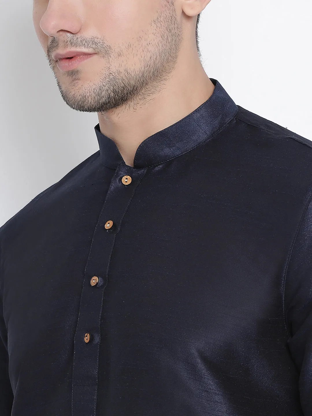 Jashvi Men's Navy Blue Silk Curved Kurta Dhoti Set