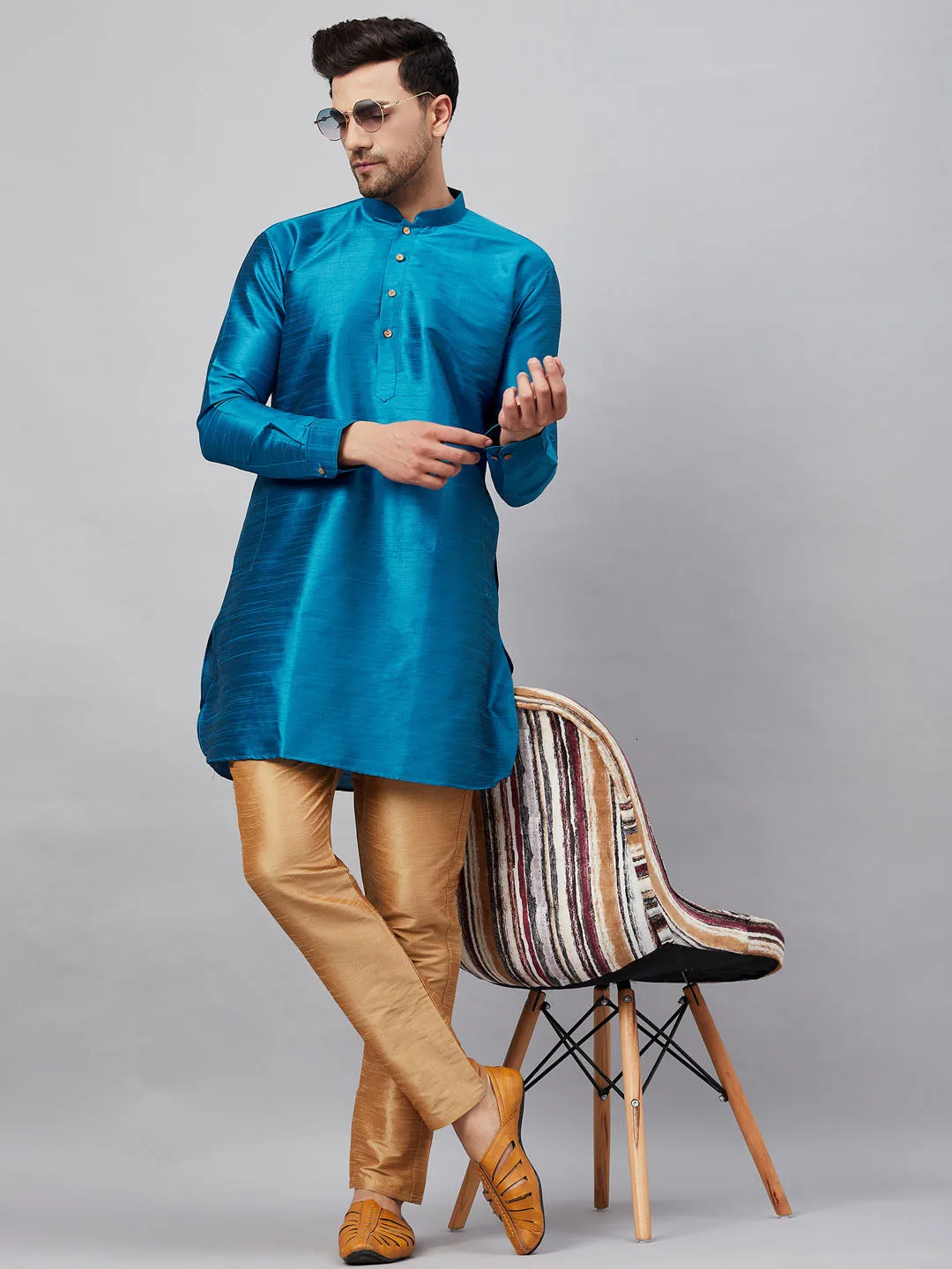 Jashvi Men's Turquoise Silk Blend Curved Kurta