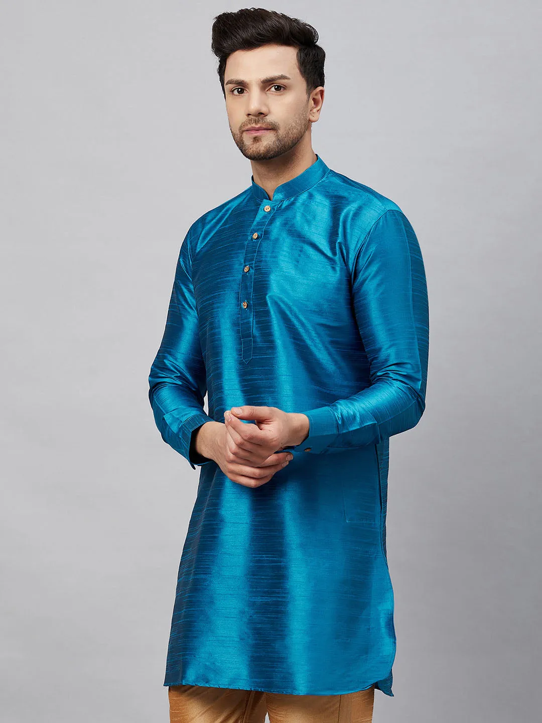Jashvi Men's Turquoise Silk Blend Curved Kurta