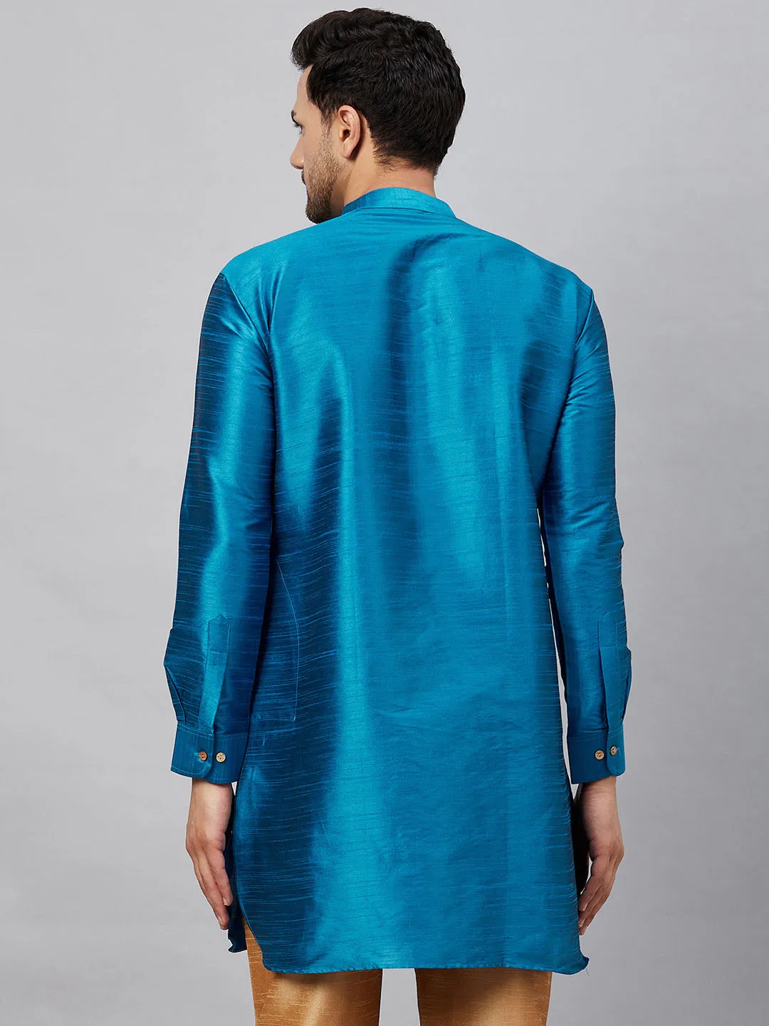 Jashvi Men's Turquoise Silk Blend Curved Kurta
