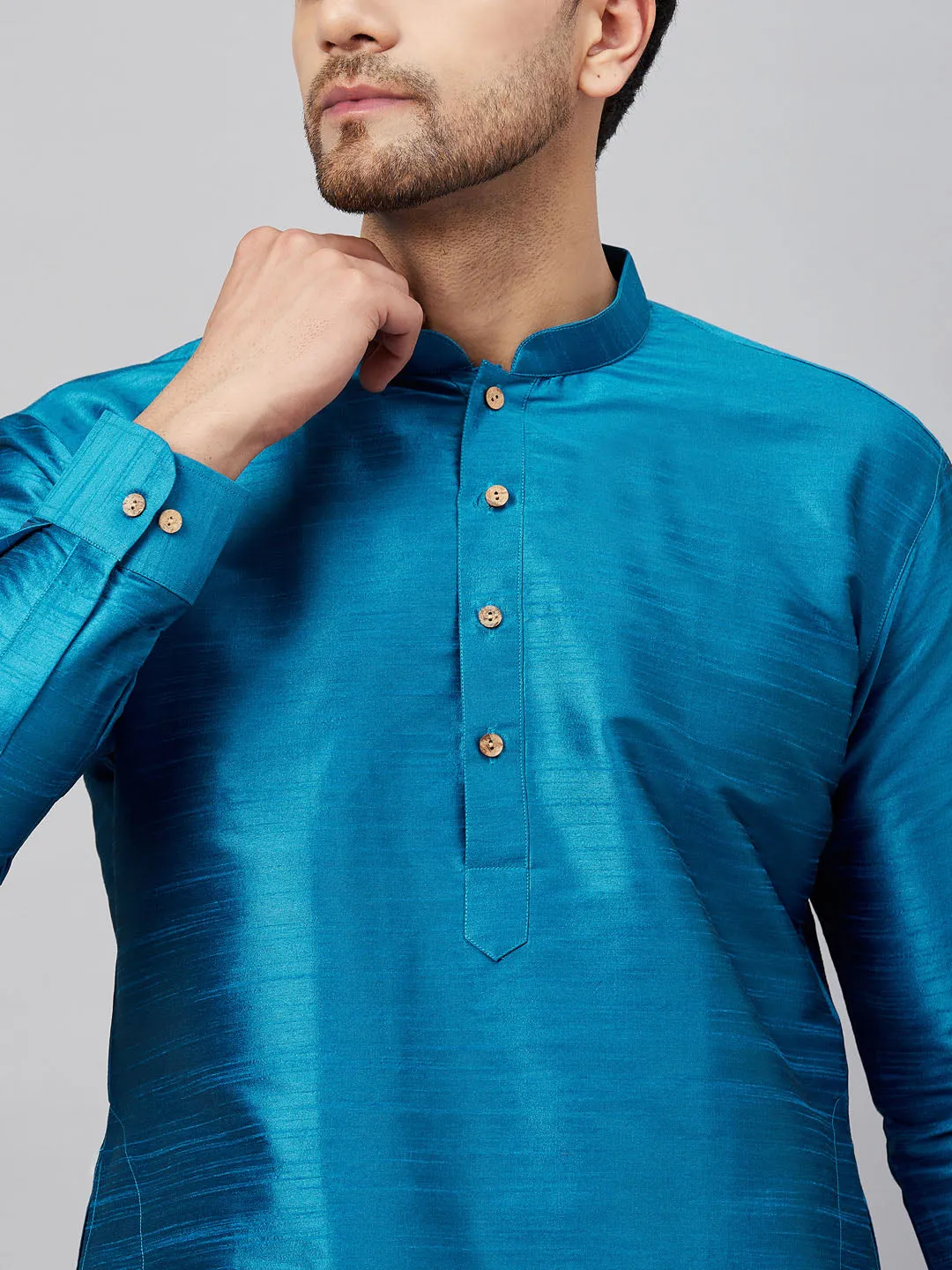 Jashvi Men's Turquoise Silk Blend Curved Kurta