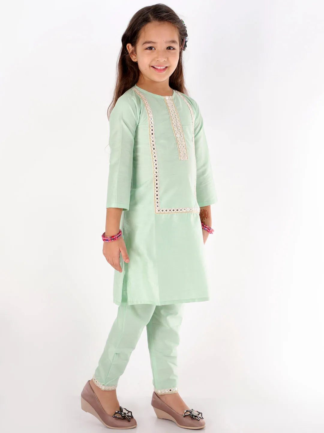 Jashvi Mint Green Color Viscose Kurta Pyjama Siblings Set