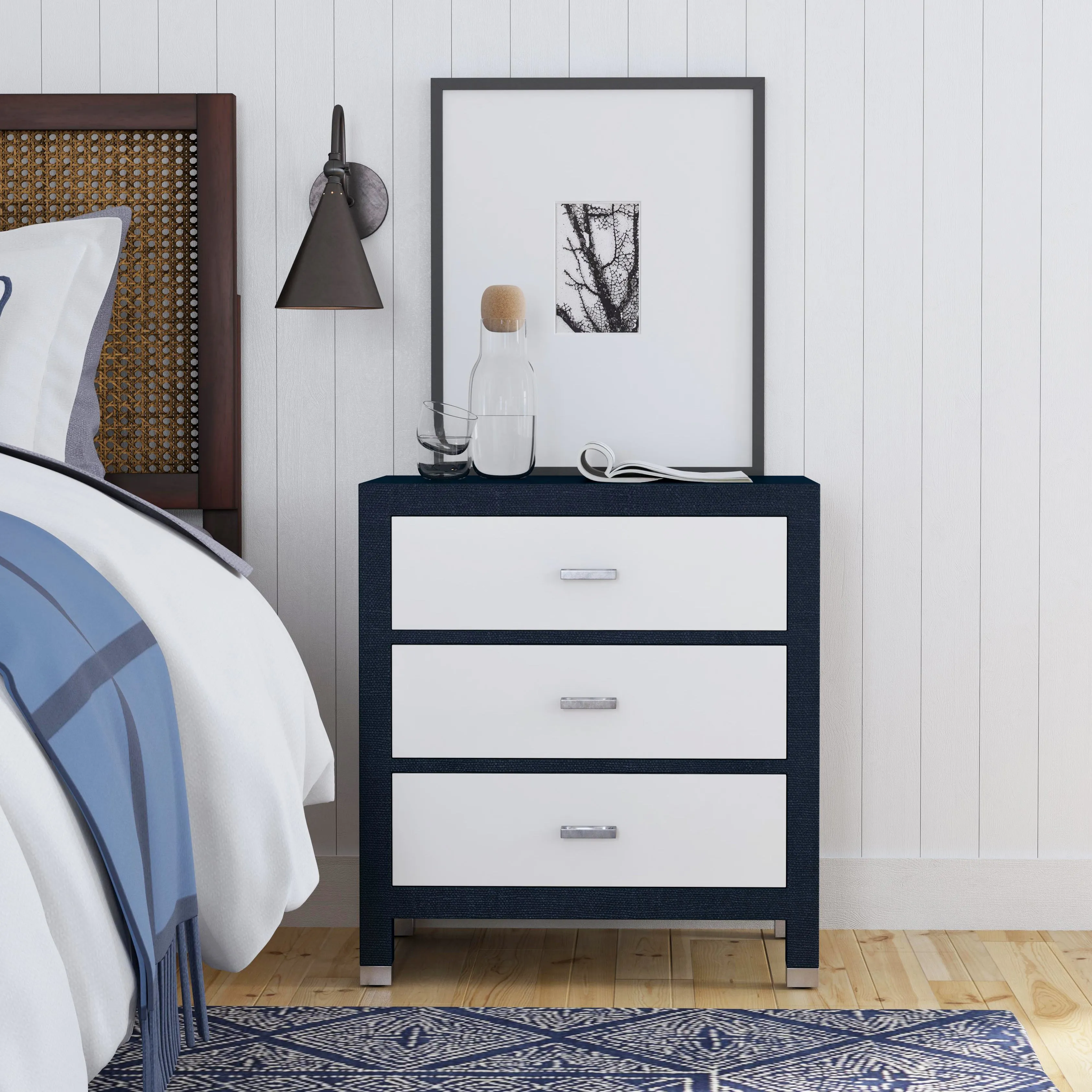 Keros Raffia  3 Drawer Nightstand in Navy and White  5610350