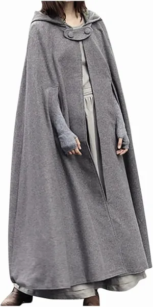 LIUguoo Women's Wool Blend Capes Holiday Outing Gothic Hooded Cloak Outwear Open Front Poncho Warm Autumn and Winter Coat Jacket Gray