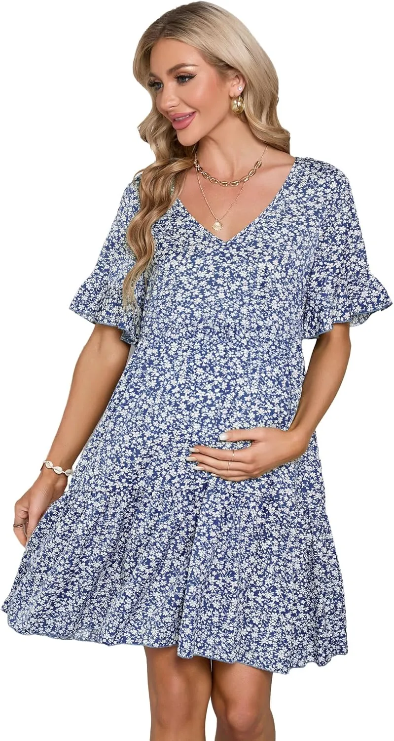 Maternity Dress Womens Casual Babydoll Dress Ruffle Short Sleeve V Neck Floral Printed Flowy Mini Short Tunic Dress