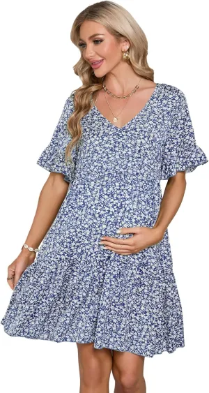 Maternity Dress Womens Casual Babydoll Dress Ruffle Short Sleeve V Neck Floral Printed Flowy Mini Short Tunic Dress