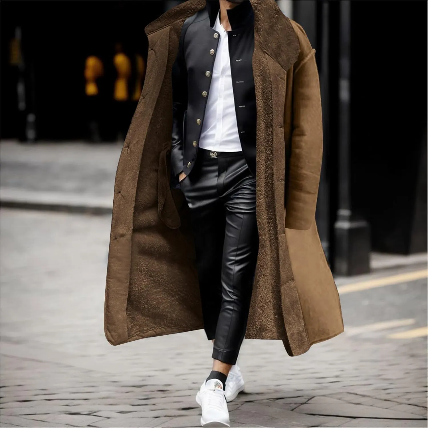 Men's Oversized Long Wool Blend Trench Coat Single Breasted Knee Length Lapel 2024 Winter Jacket Warm Fleece Outerwear