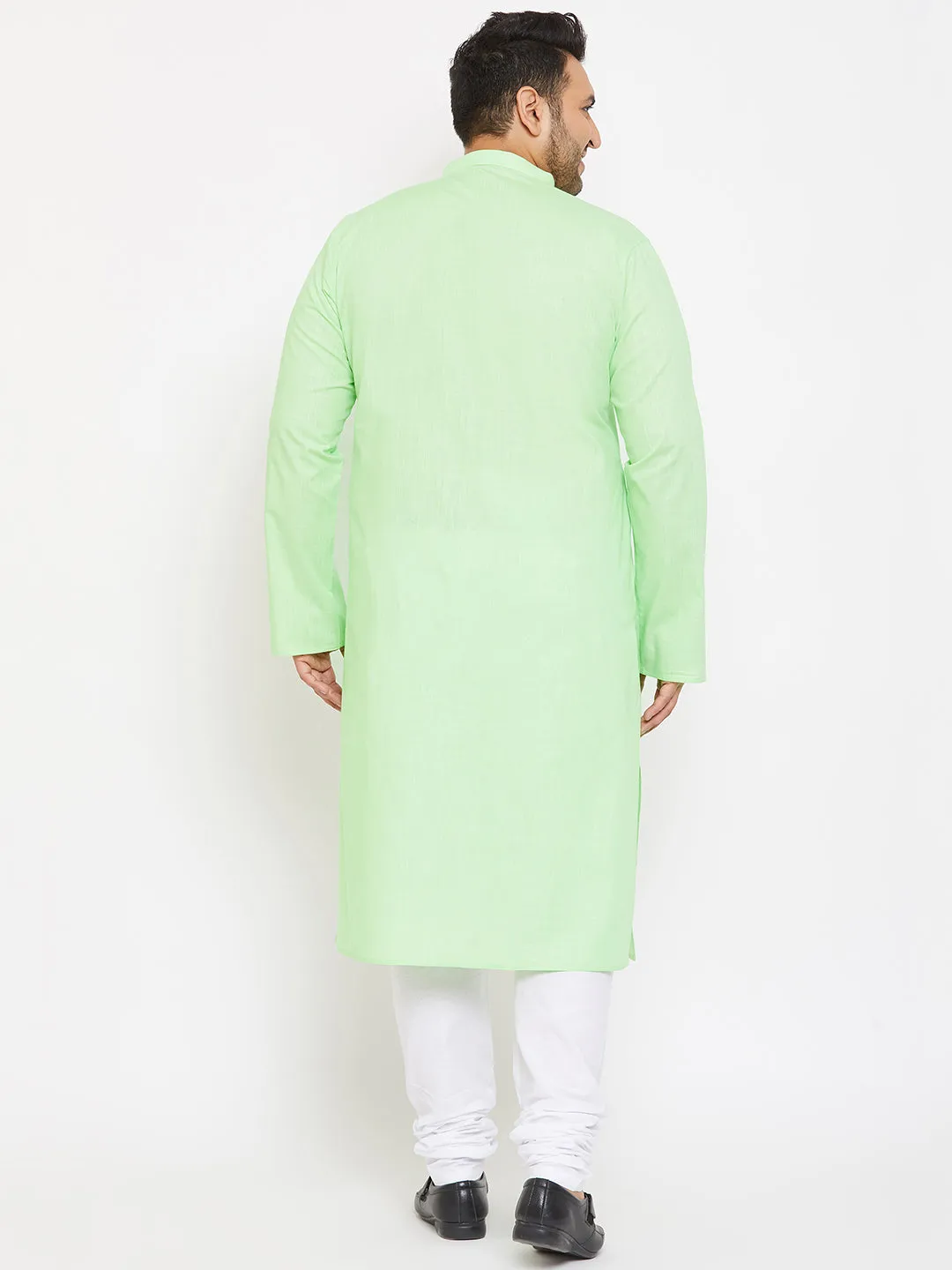 Men's Plus Mint Green And White Cotton Blend Kurta Pyjama Set - Vastramay