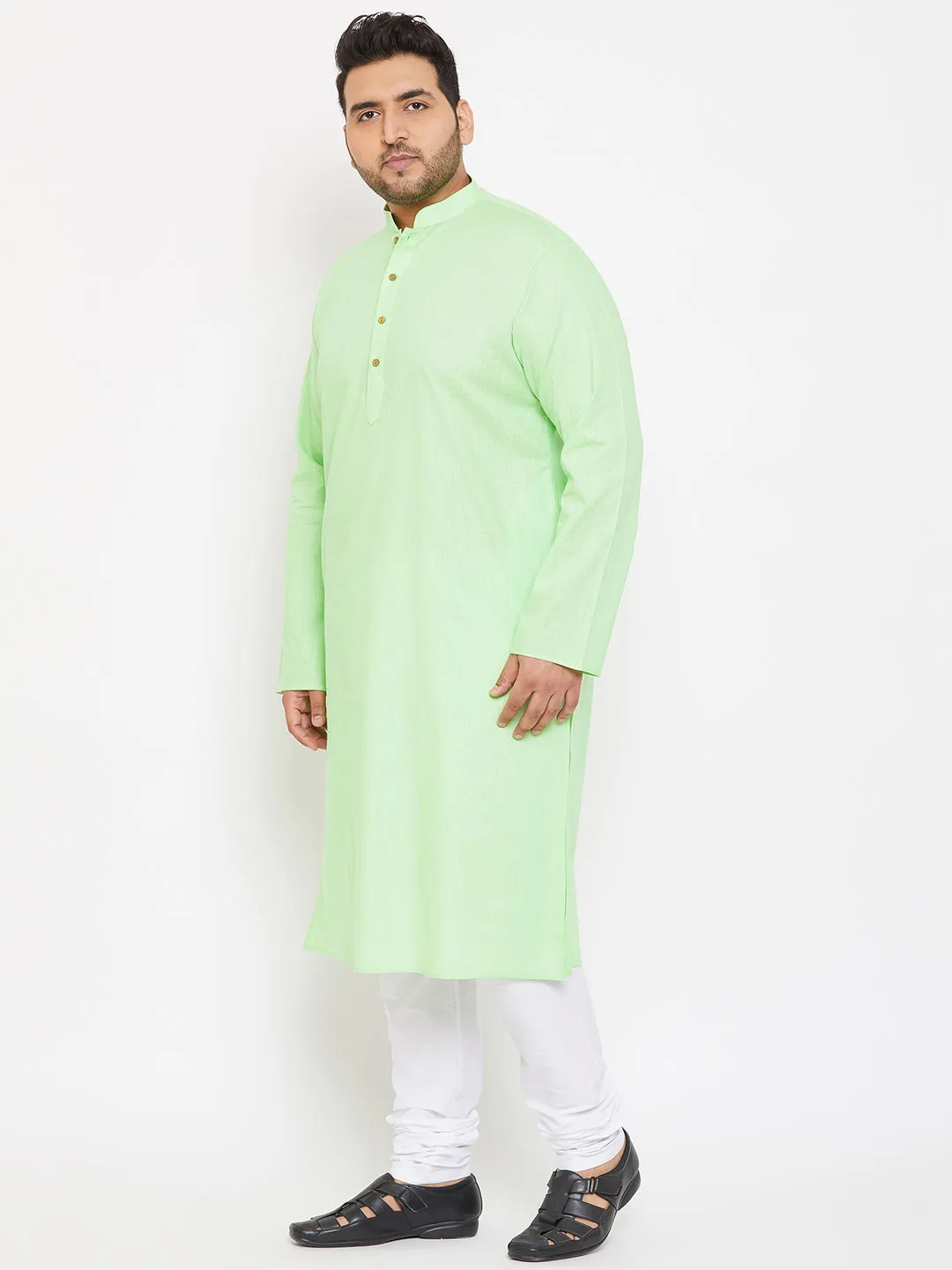 Men's Plus Mint Green And White Cotton Blend Kurta Pyjama Set - Vastramay