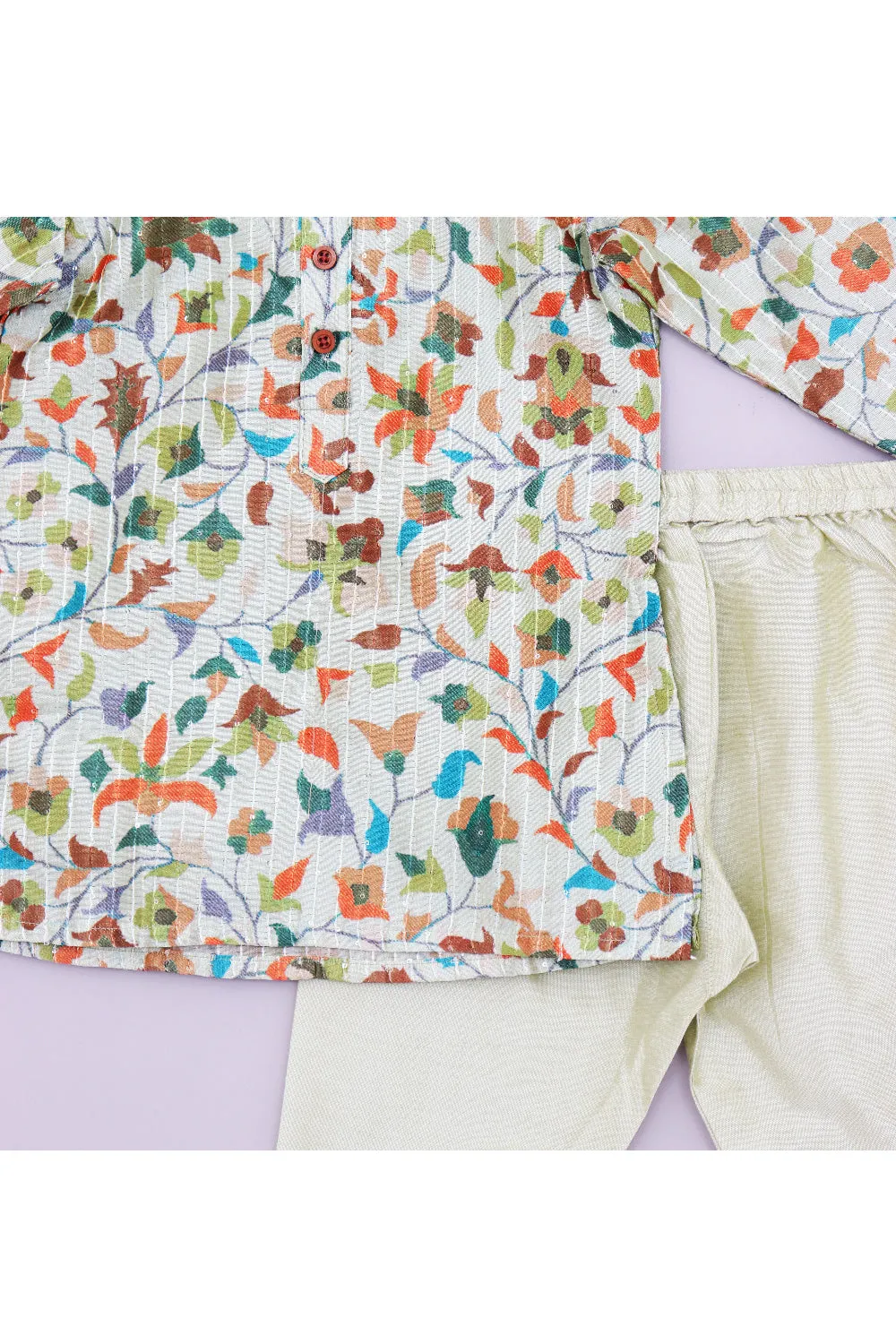 Mint Green Printed And Sequins Detailing Silk Kurta With Pyjama Set