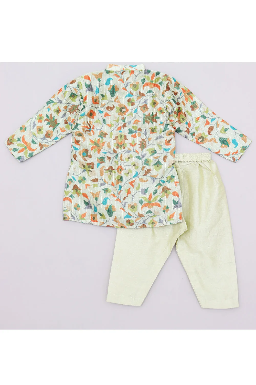 Mint Green Printed And Sequins Detailing Silk Kurta With Pyjama Set