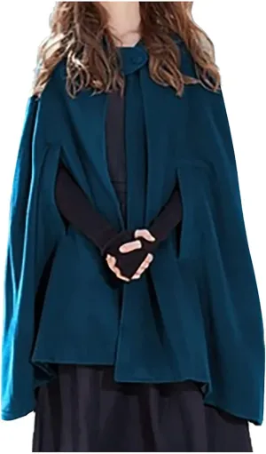 NATHGAM Women's Wool Blend Hooded Capes Baggy Fall Winter Windproof Cloaks Plus Size Cute Thicken Warm Maxi Cardigan Coats