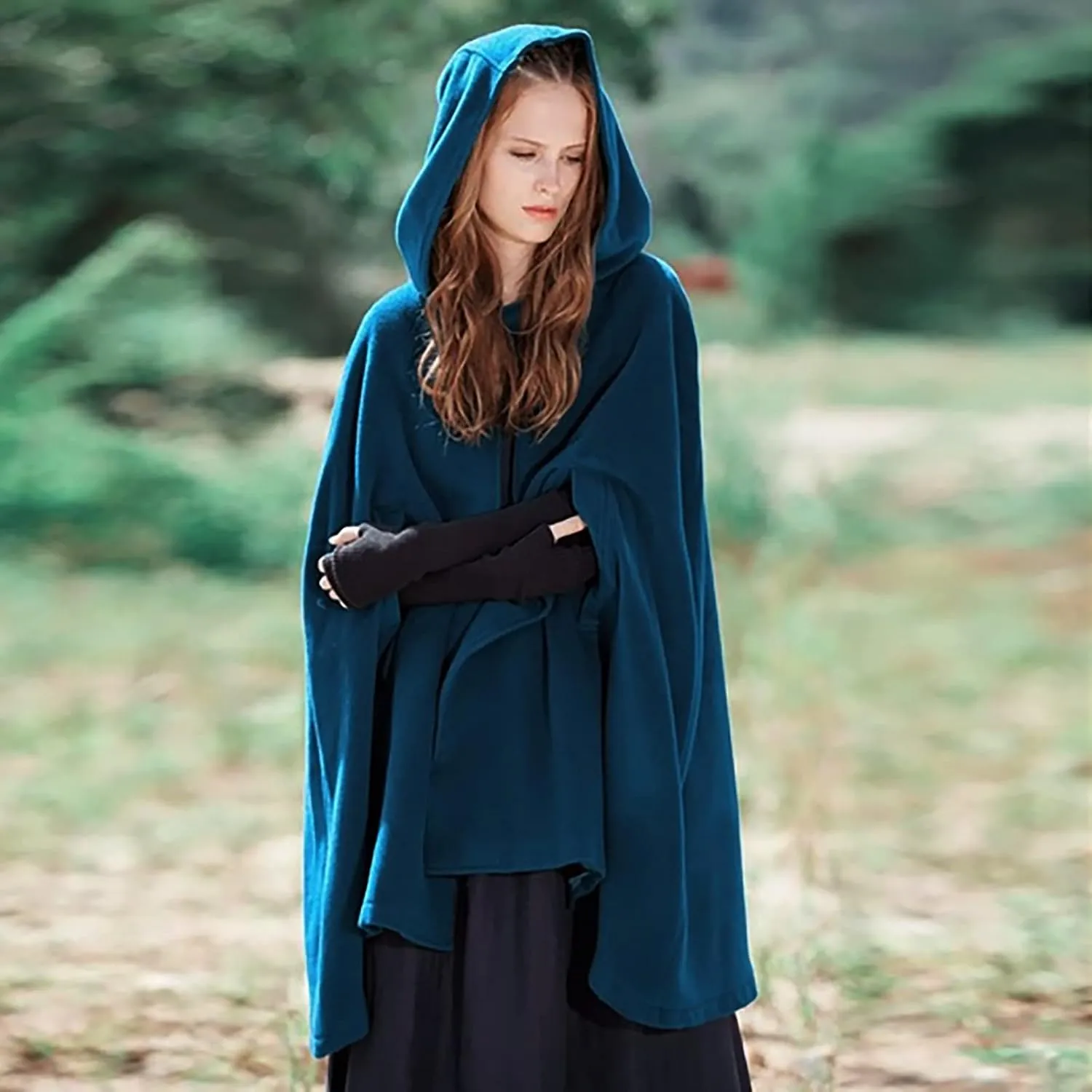 NATHGAM Women's Wool Blend Hooded Capes Baggy Fall Winter Windproof Cloaks Plus Size Cute Thicken Warm Maxi Cardigan Coats