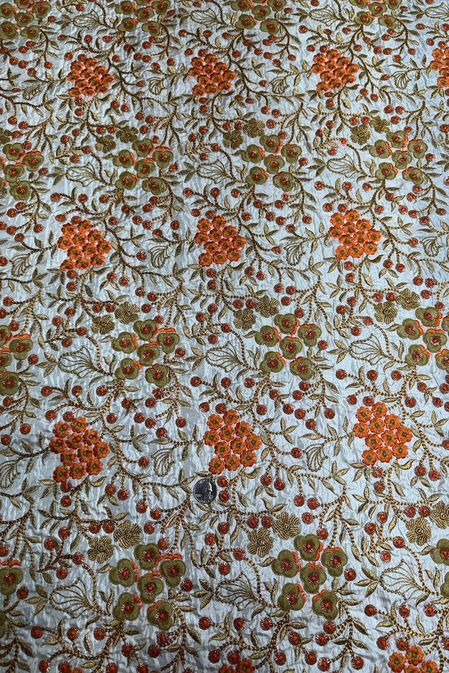 Orange-Gold Flowers on Cream Embroidered Silk