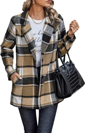 PRETTYGARDEN Women's Plaid Shacket Jacket Trendy Casual Button Wool Blend Winter Tartan Trench Coat with Pockets