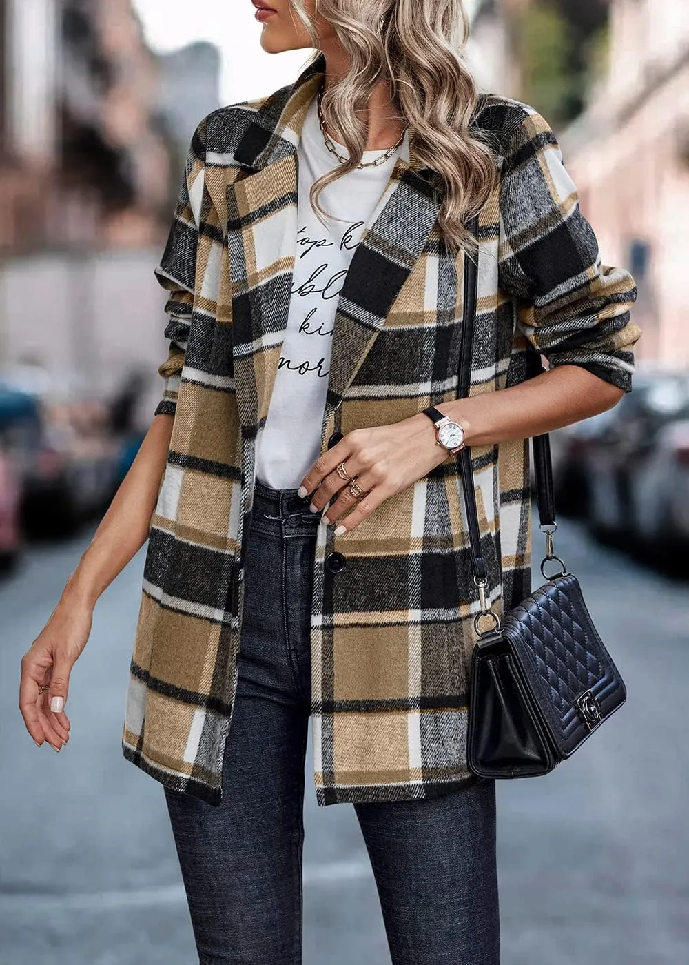 PRETTYGARDEN Women's Plaid Shacket Jacket Trendy Casual Button Wool Blend Winter Tartan Trench Coat with Pockets