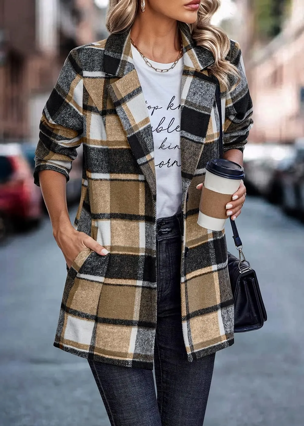 PRETTYGARDEN Women's Plaid Shacket Jacket Trendy Casual Button Wool Blend Winter Tartan Trench Coat with Pockets