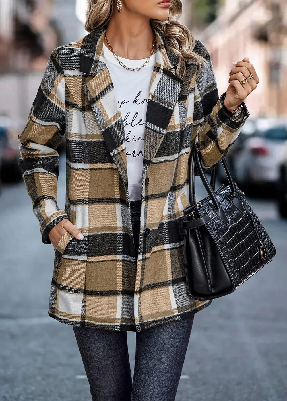 PRETTYGARDEN Women's Plaid Shacket Jacket Trendy Casual Button Wool Blend Winter Tartan Trench Coat with Pockets