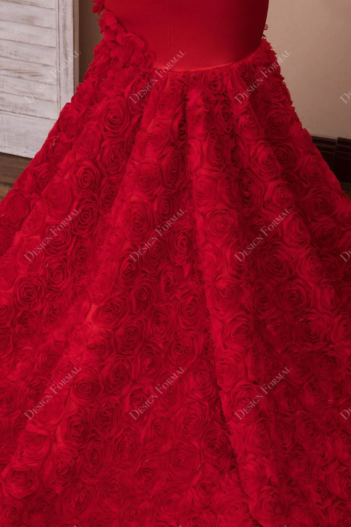 Red Satin 3D Rosettes Spaghetti Straps Dramatic Mermaid Prom Dress