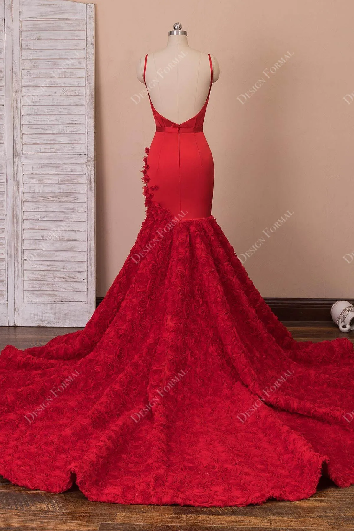 Red Satin 3D Rosettes Spaghetti Straps Dramatic Mermaid Prom Dress
