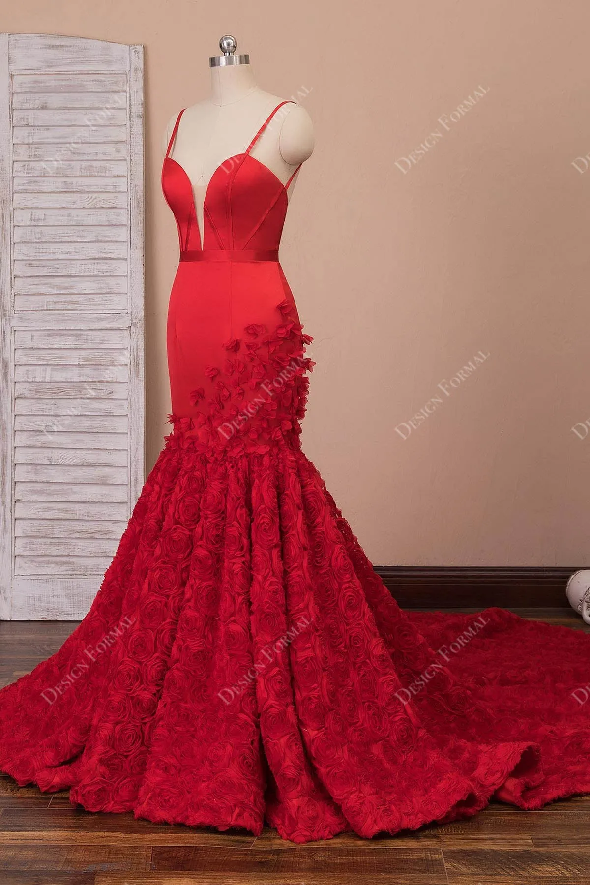 Red Satin 3D Rosettes Spaghetti Straps Dramatic Mermaid Prom Dress
