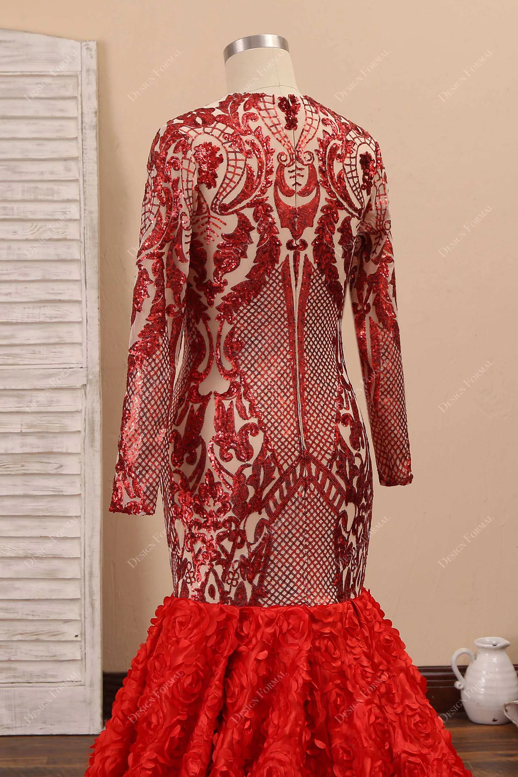 Red Unique Sequin 3D Rose Dramatic Trumpet Plus Size Prom Gown