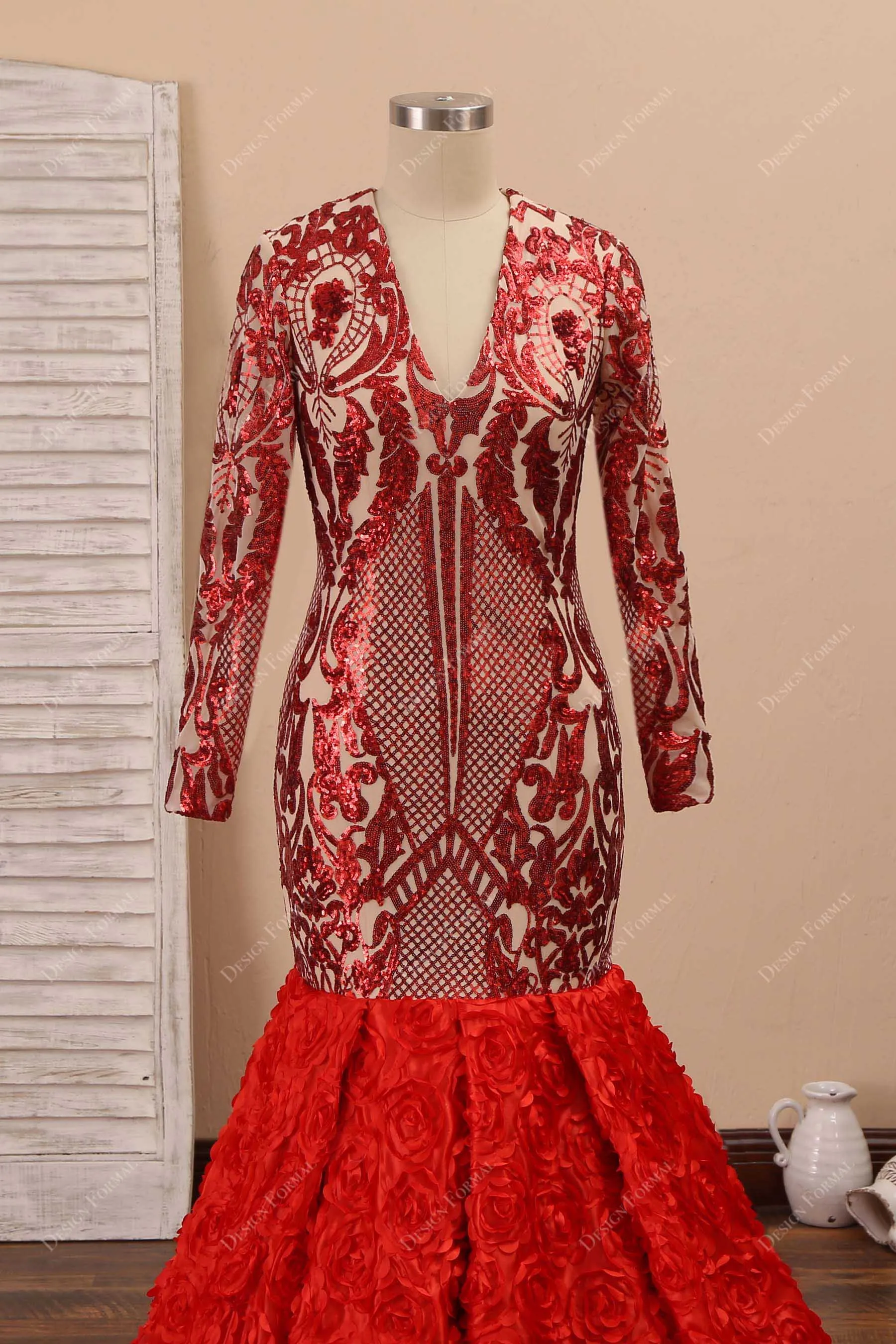 Red Unique Sequin 3D Rose Dramatic Trumpet Plus Size Prom Gown