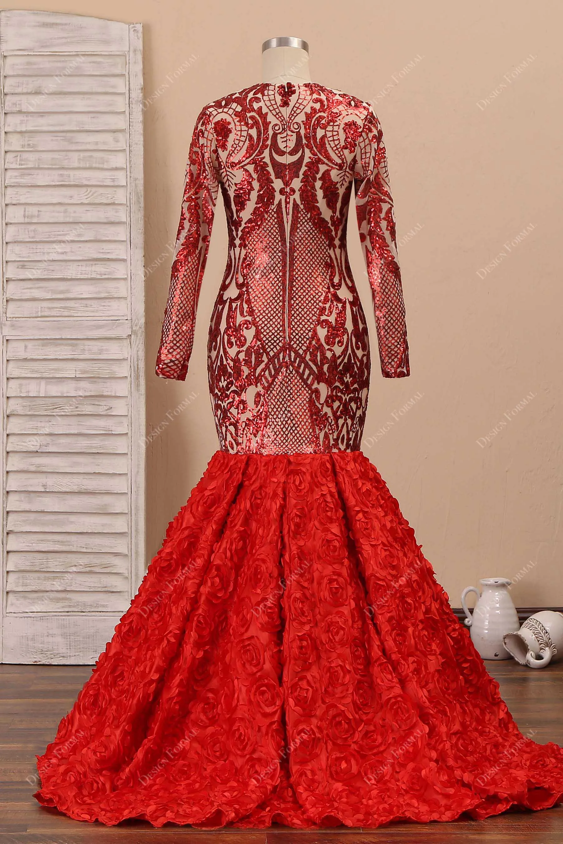 Red Unique Sequin 3D Rose Dramatic Trumpet Plus Size Prom Gown