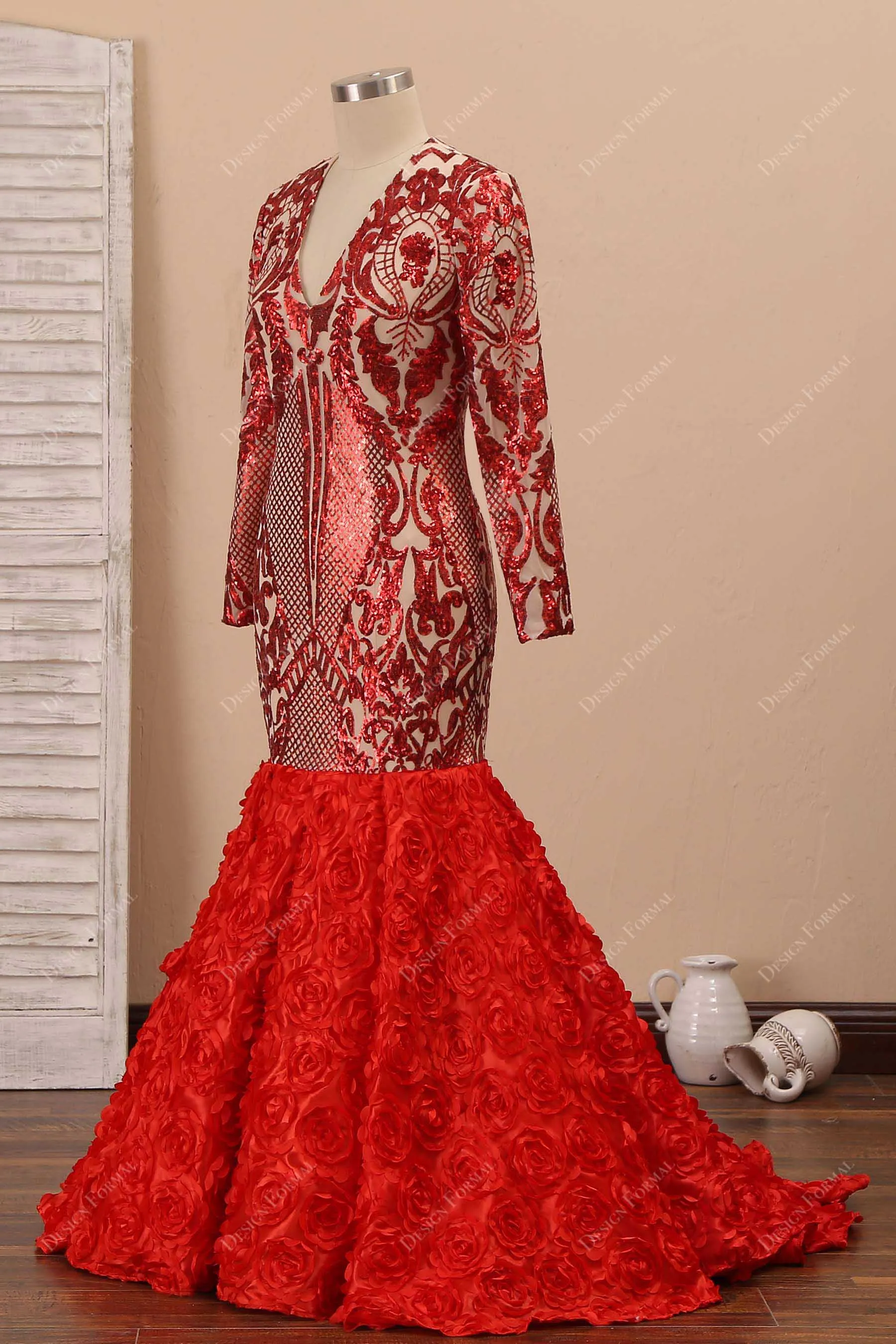 Red Unique Sequin 3D Rose Dramatic Trumpet Plus Size Prom Gown