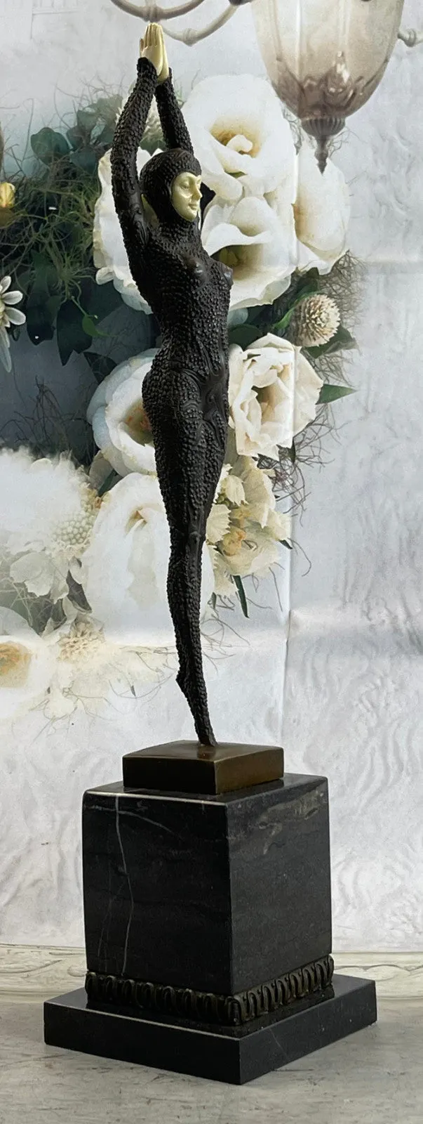 Signed Chiparus Art Nouveau  Arms Raised Lady Bronze And Faux Bone Sculpture Fig