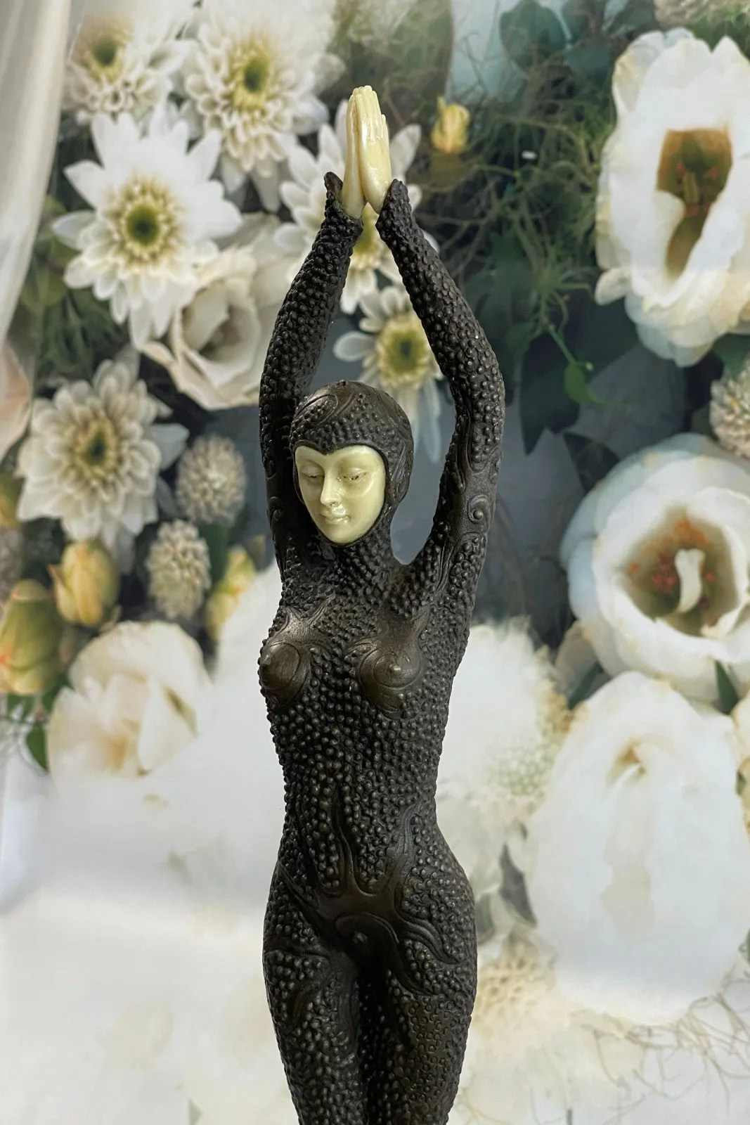 Signed Chiparus Art Nouveau  Arms Raised Lady Bronze And Faux Bone Sculpture Fig