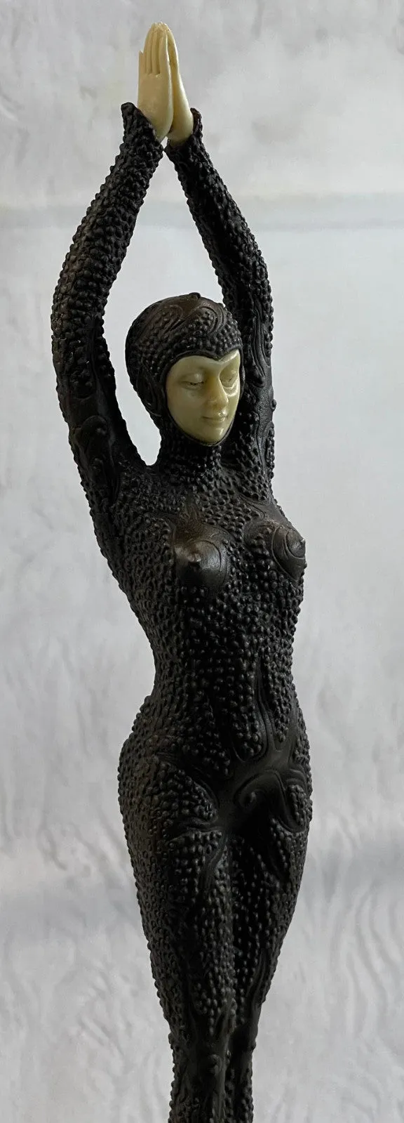 Signed Chiparus Art Nouveau  Arms Raised Lady Bronze And Faux Bone Sculpture Fig